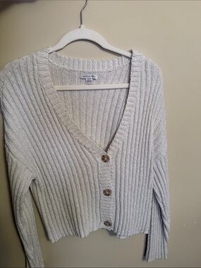 American Eagle Outfitters Light Cream Ribbed V-Neck Button-Up Cardigan